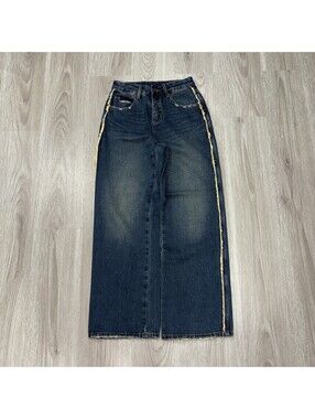 TwelveSquare Wide Leg JeansWomens Size 26 Blue Distressed Side StripeDenim